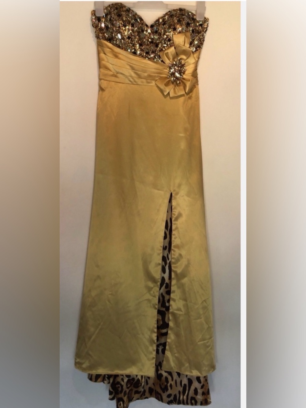 Alyce Designs Gold Satin Strapless Formal Dress Floral Leopard & Sequins